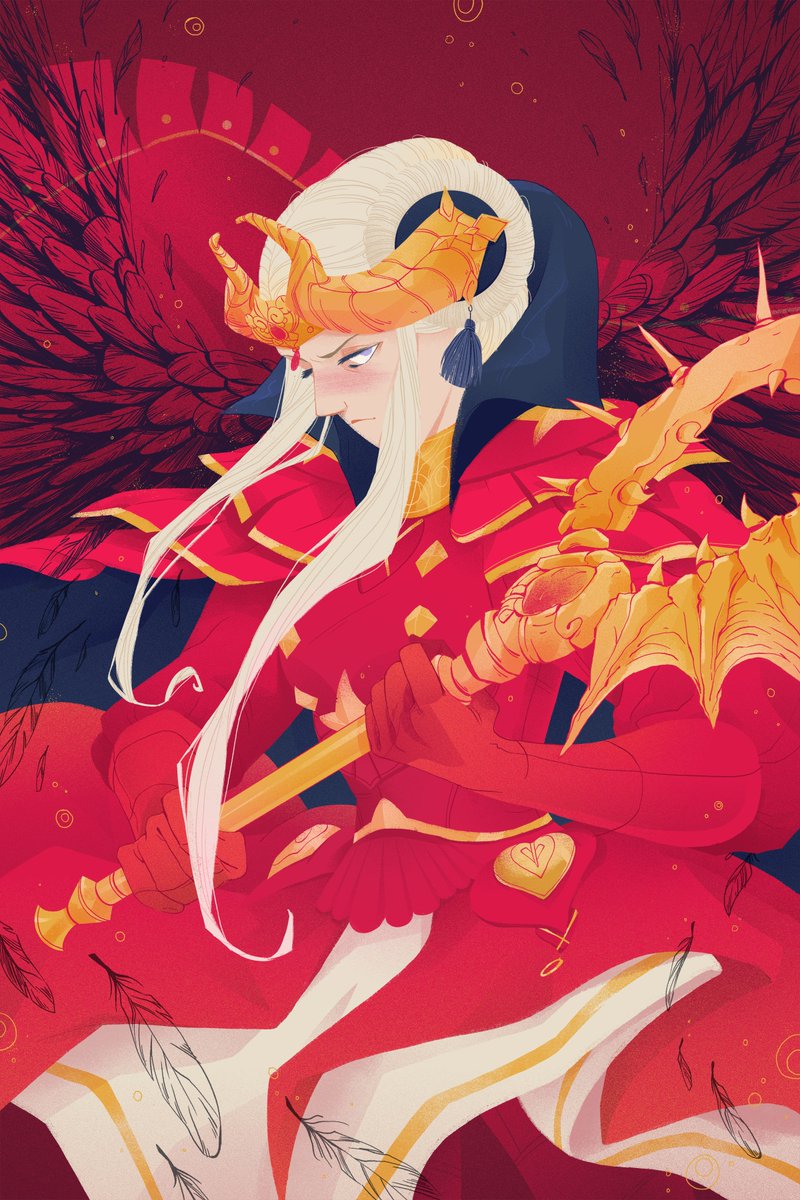 Edelgard from Fire Emblem 3 Houses, the videogame, stands in her full emperors garb, clutching her divine weapon--an axe. She is in 3/4 profile, but her purple eyes look towards the viewer. behind her are ornately drawn black eagle wings