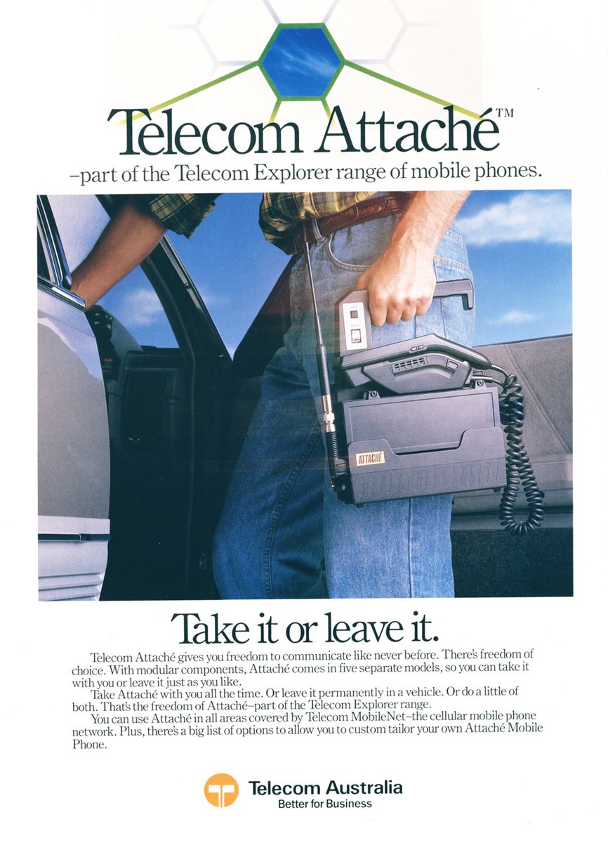 naagovau's tweet photo. Freedom like never before … a portable phone! This Telecom ad from 1987 proclaims the convenience of its Attache model – how times have changed.

NAA: J2364, 9282/3 https://t.co/s6nlNb4TD9