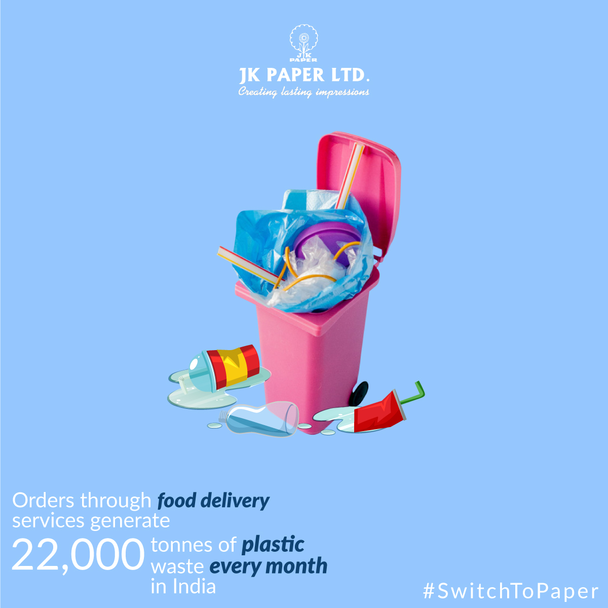 JKPaperIndia's tweet photo. India generates 26,000 tonnes of plastic waste every day. One major contributing factor is the plastic generated by food delivery services, currently at 22,000 tonnes of plastic waste per month. It's high time we asked these services to #SwitchToPaper, for a greener tomorrow. https://t.co/NlOMxQNFfa