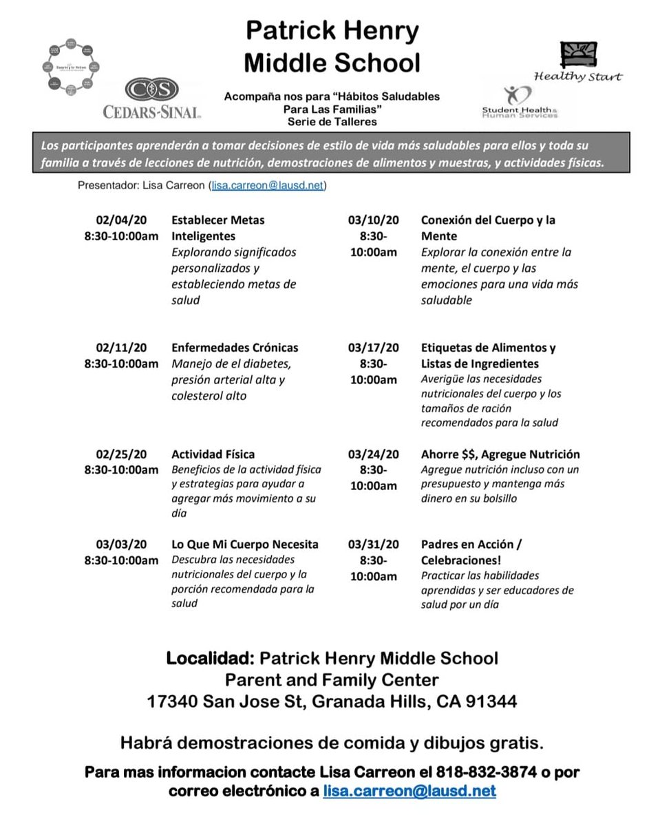 PHMSPatriots's tweet photo. Beginning Tuesday, February 4th, join us for an 8 week workshop series, Healthy Habits for Families at the Parent Center. We'll have food demos &amp; a raffle at the end of the workshop series.
#ParentAndFamilyCenter #ChampingForYourChild
@LAUSDNorthwest @ScottAtLAUSD @31stdistptsa https://t.co/j5NP2JjOY3