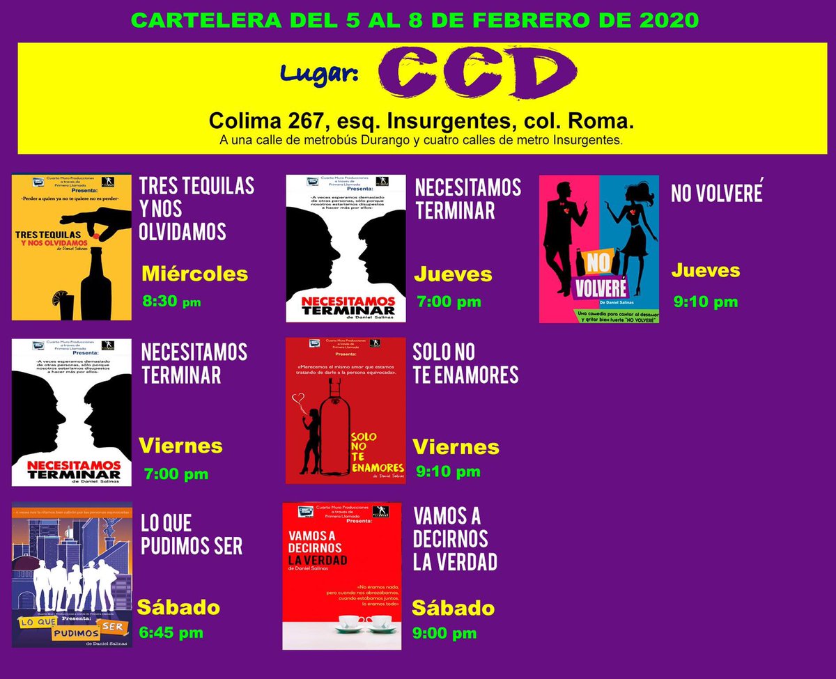 Aquí nuestra cartelera vigente del miércoles 5 al sábado 8 de febrero de 2020.

ÚLTIMAS SEMANAS DEL AÑO. 

¿Te gusta emocionarte en el teatro? 

#EmocionesParaTuVida