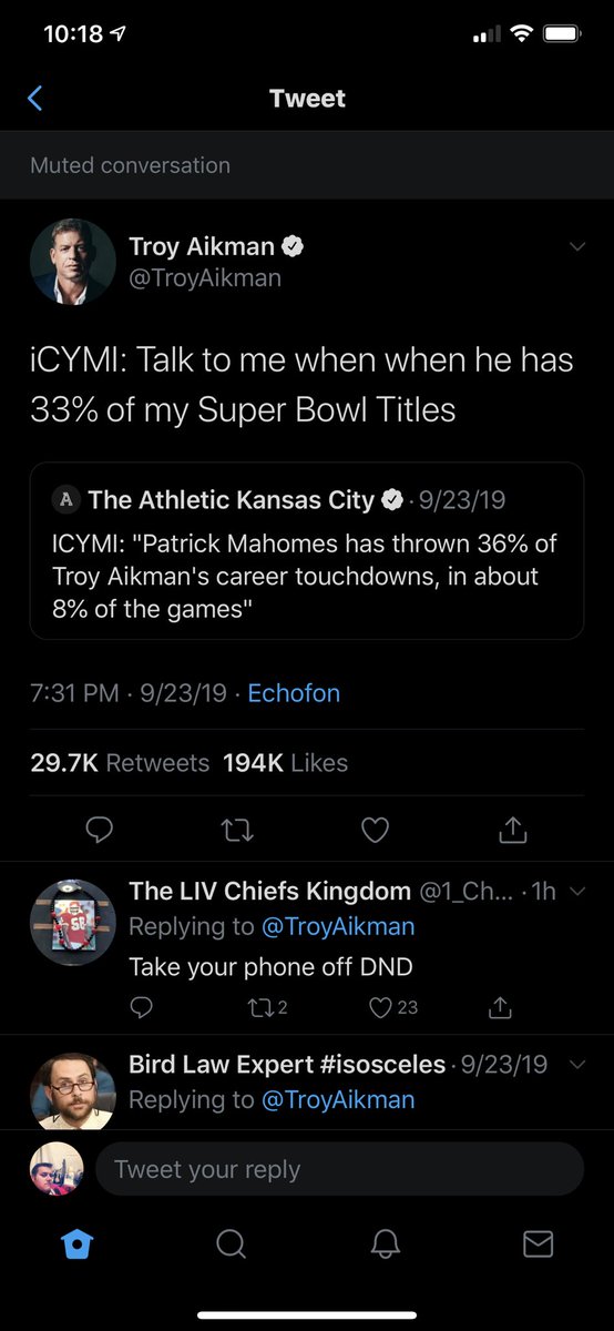 So <a href="/TroyAikman/">Troy Aikman</a> muted the conversation where he said talk to him when Mahomes has 33% of his super bowl wins... Hey Troy, how ya doing????