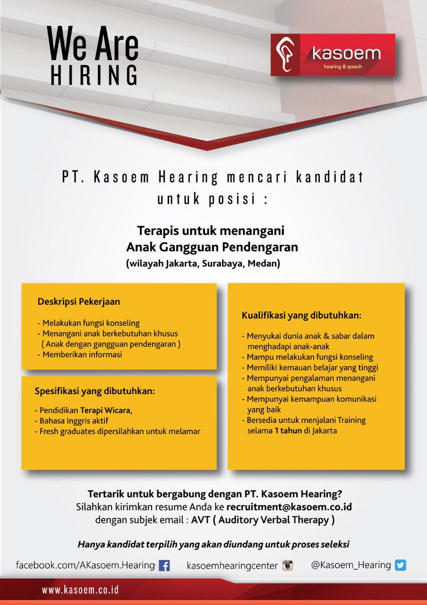 mangesyunianti's tweet photo. @kerjapan Lowongan Terapis Anak Gangguan Pendengaran. mohon bantuannya untuk di share. terima kasih 🙏🏻☺️ https://t.co/Lk4Idn9OSq