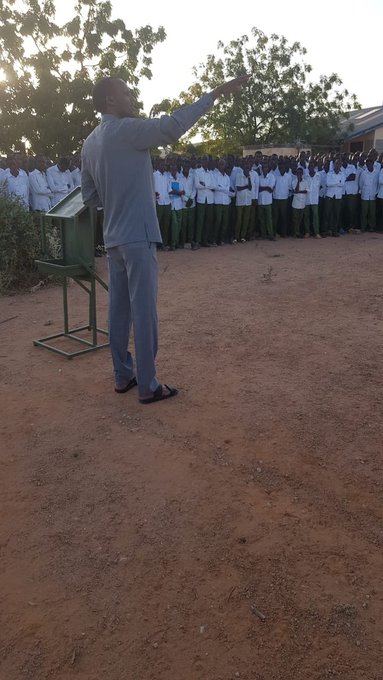 Director General of Education Elyas Abdi addresses students at Rhamu Day in Mandera North County as he monitored the last phase of the 100pc transition to Form One for 2020