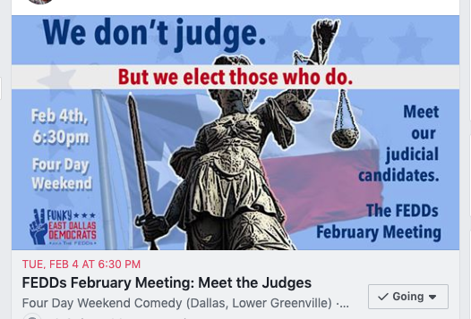 txfedds's tweet photo. How many Democrats are currently on the Texas Supreme Court? Zero. Let's Change That! Come meet this year's Judicial candidates - Tuesday Night, Feb.4 at Four Day Weekend Comedy Club. #TurnTXBlue #BlueTX2020 https://t.co/u4yNw51YQB