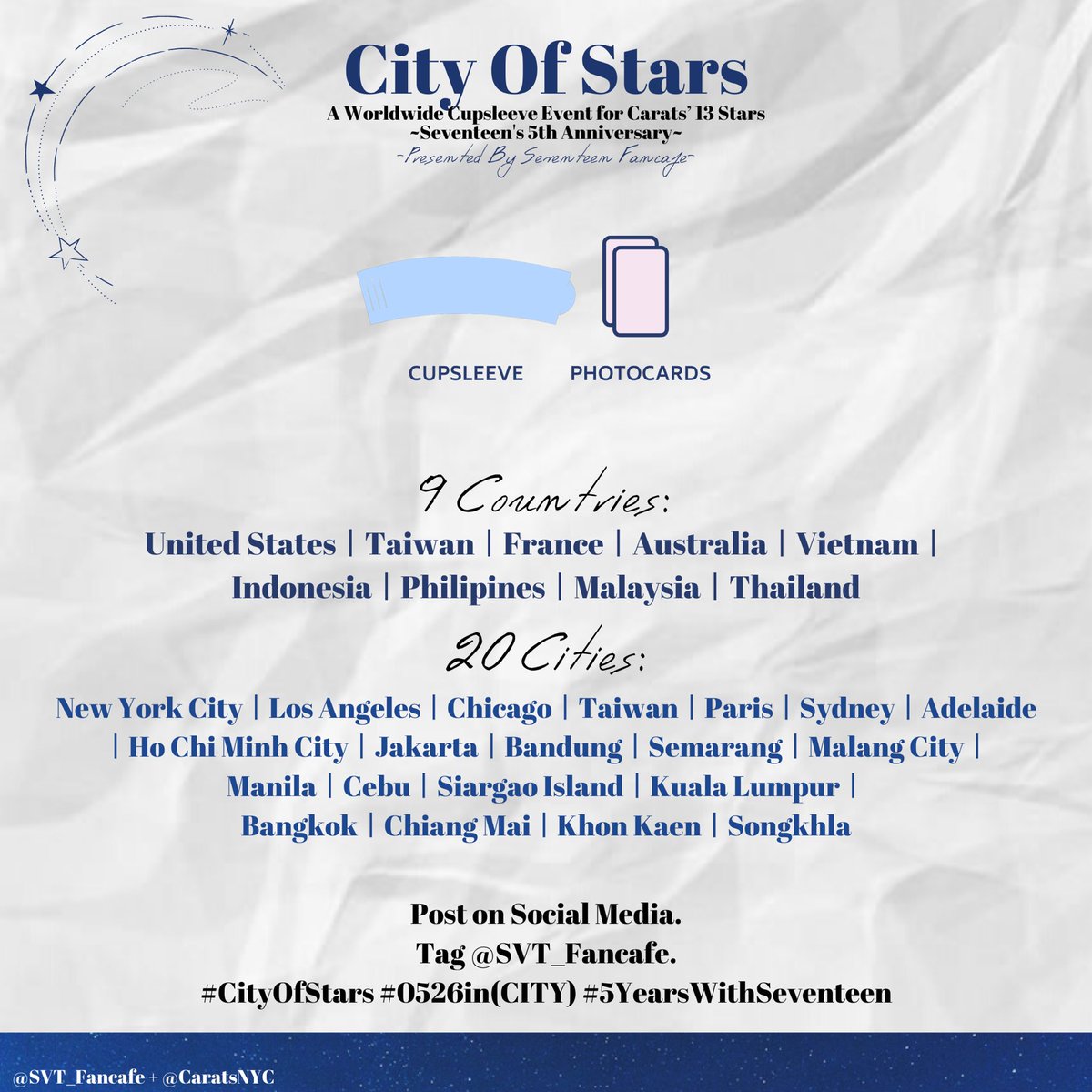 SVT_Fancafe's tweet photo. SEVENTEEN
5TH ANNIVERSARY
——
Seventeen’s 5th Anniversary Debut Global Cupsleeve Event!
 
Below is information regarding donations only. Please read carefully.
#CityOfStars #0526In(City) #5YearsWithSeventeen @pledis_17 https://t.co/QVusjYZ629