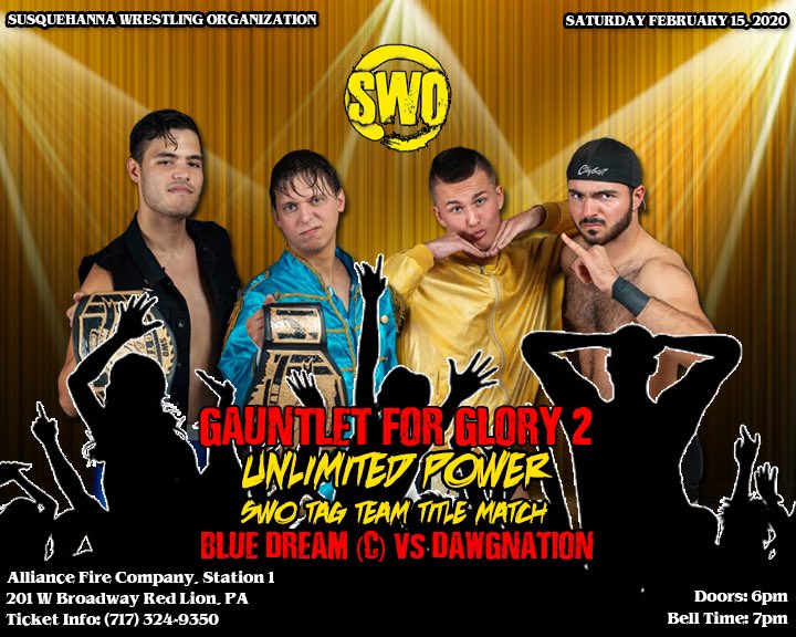 SWOprowrestling's tweet image. #SWO Gauntlet For Glory 2 is 13 DAYS AWAY!

Saturday 2/15/20
Doors: 6pm | Bell Time: 7pm
201 West Broadway Red Lion, PA
Tix/Info: (717)324-9350

Featuring: 
-30 person #RoyalRumble style match!
-and more! 

Come out and #SupportIndyWrestling