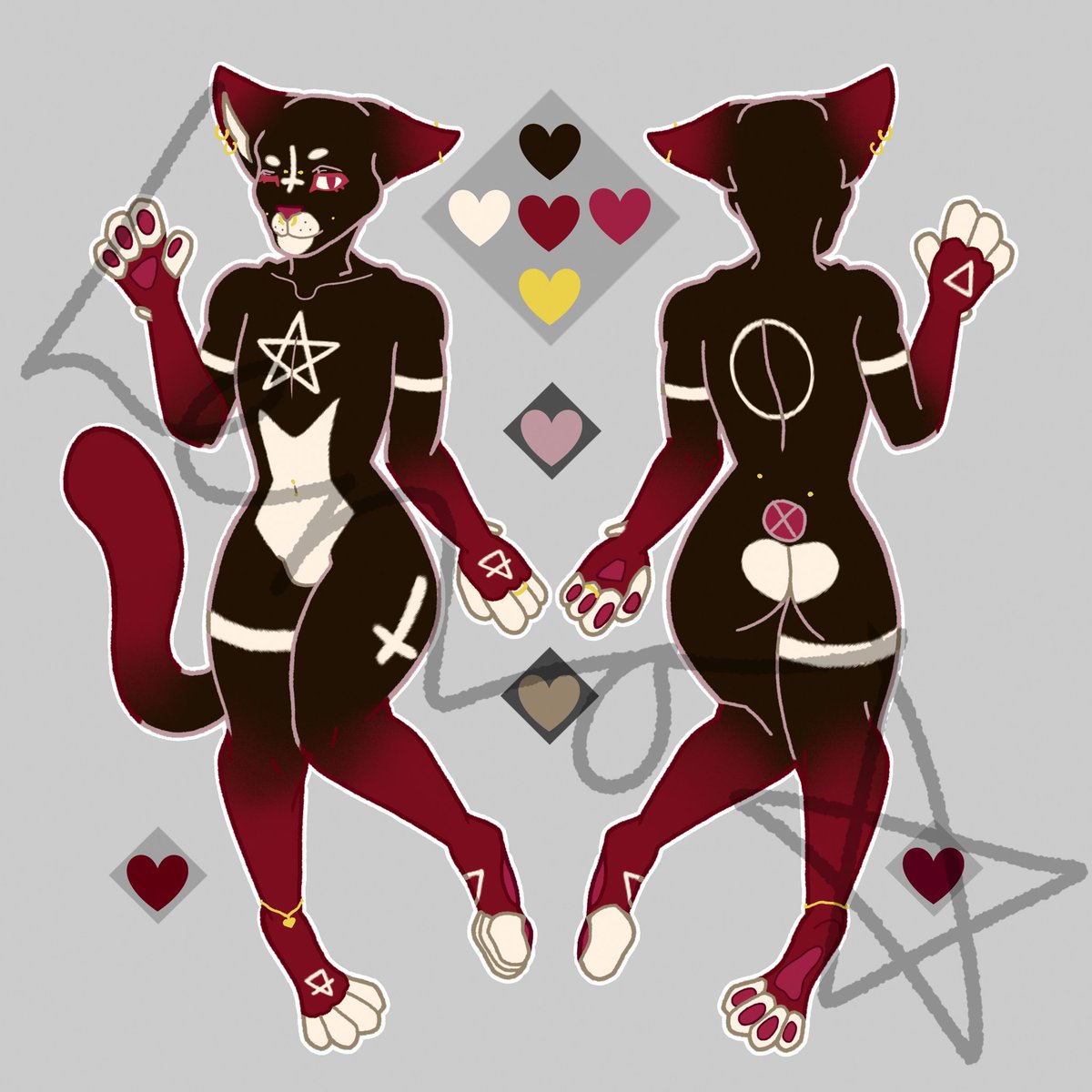 Front and back view of a deep brown anthro cat with red socks up to the elbows and knees, red half way up the tail, and white markings around the body including an pentacle and inverted cross