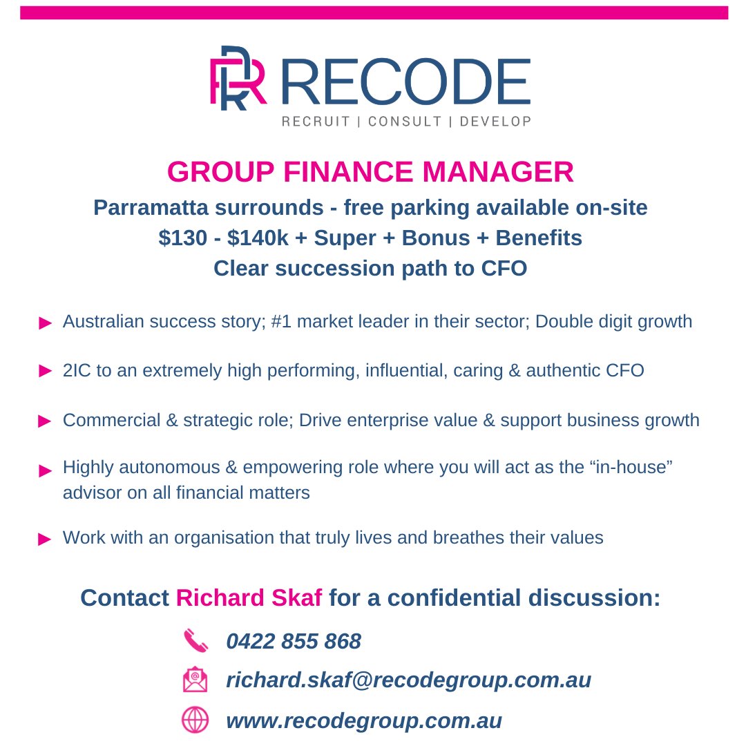 recodegroup's tweet photo. Are you a passionate finance professional looking for a clear succession path to CFO?
@recodegroup have been exclusively retained on a once in a life time opportunity for a Group Finance Manager position.
Reach out to @richard_skaf for a confidential chat
#recodegroup https://t.co/h0MYnHDlz1