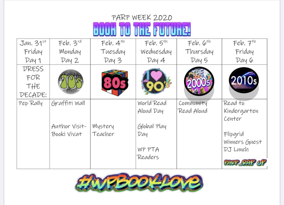 MrsJessicaRyan's tweet photo. PARP Week Kickoff: Book to the Future! 📚#WPbooklove #4Rhappydreamers https://t.co/r2stu1WU0C