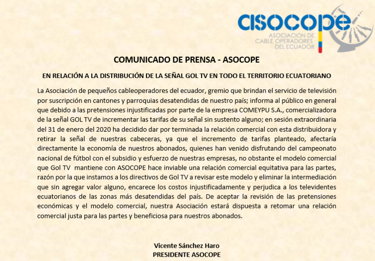 ASOCOPE_EC's tweet photo. #ASOCOPE informa a la ciudadanía, respecto a la suspensión de la señal @goltvecu en las ciudades en donde brinda su servicio. https://t.co/wzF1mjkixe