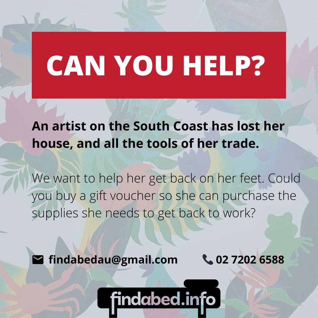 An artist on the South Coast has lost her house, and all the tools of her trade. 

We want to help her get back on her feet. Could you buy a gift voucher so she can purchase the supplies she needs to get back to work? 