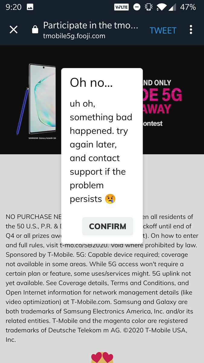 Dragoonscale's tweet photo. @TMobile This error happens everytime . Can't really enter a giveaway when all it does is fail to load... 😱☹️ https://t.co/RxJ016NLo8