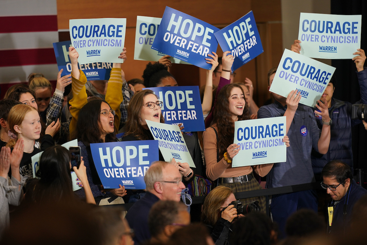 Supporters cheer for Elizabeth Warren at the Indianola rally.