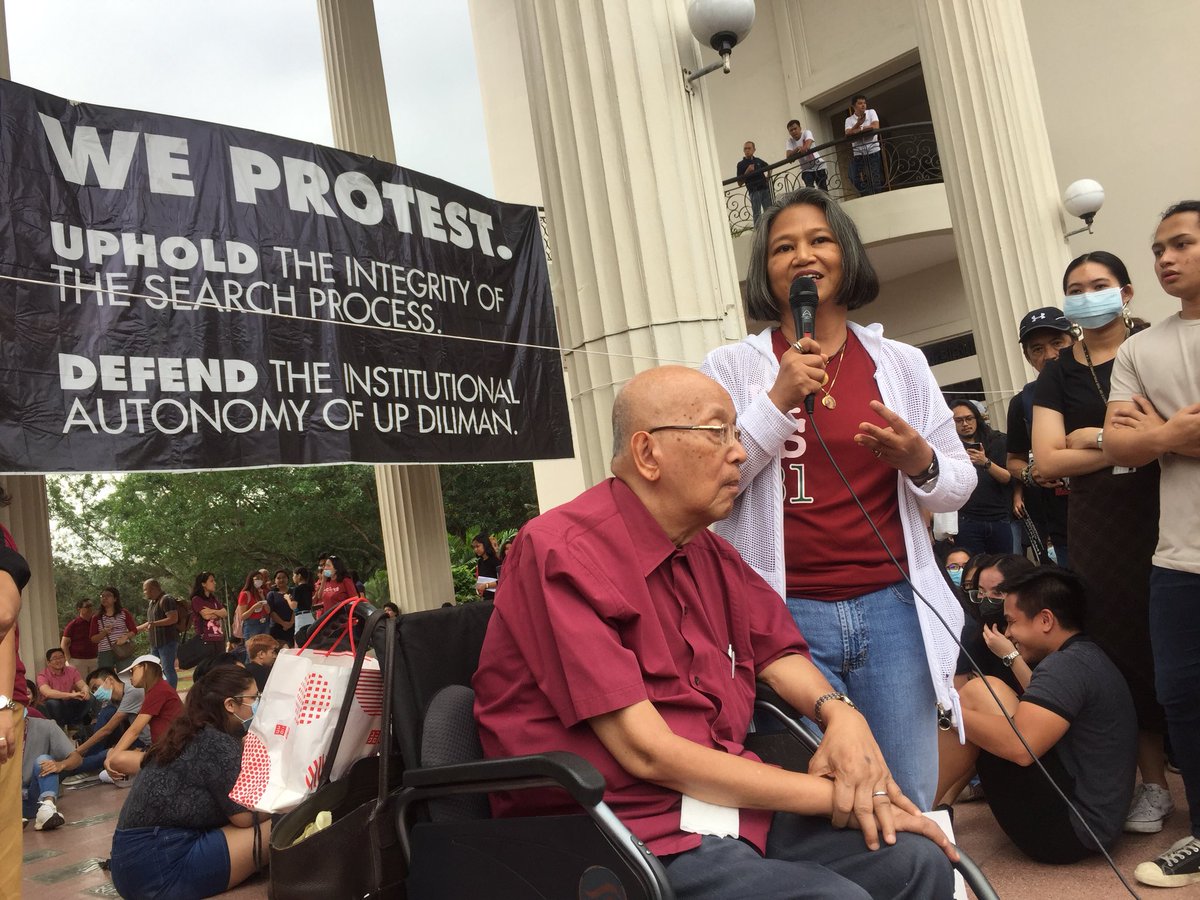 rapplerdotcom's tweet image. 83-year-old Emmanuel Soriano, the 14th president of UP, is here to support the chancellor candidacy of Fidel Nemenzo, blasts Malacañang’s alleged meddling in UP affairs. #UPDChancy | via @Nicolas_Czar