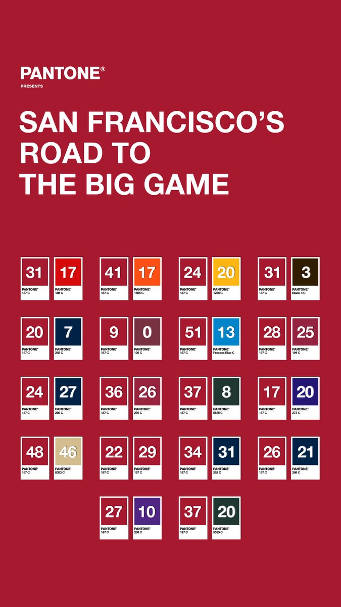 pantone's tweet photo. Hats off to San Francisco for an amazing season. Check out San Francisco’s road to the Big Game.

#BigGameColorCommentary
#SanFrancisco https://t.co/Tk7kApZHtL