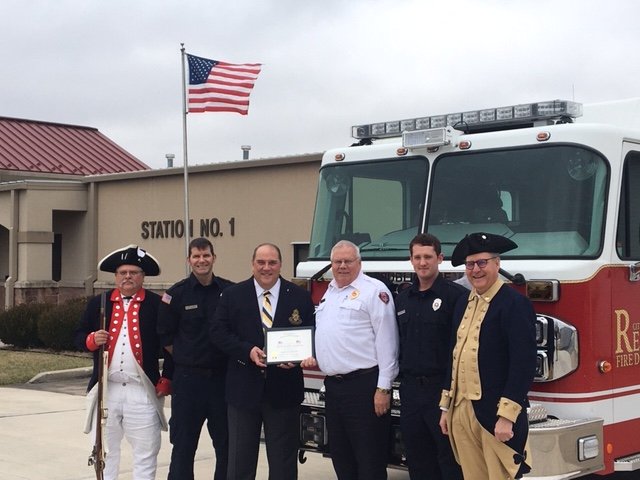 OMCSAR's tweet photo. Ozark Mountain Chapter SAR members: OMC President Gary Gift, Ken Lawrence, and Daniel Piedlow present Flag Certificates to City of Republic MO, Fire Department #SAR #RepublicMO https://t.co/nFgXyULW6U