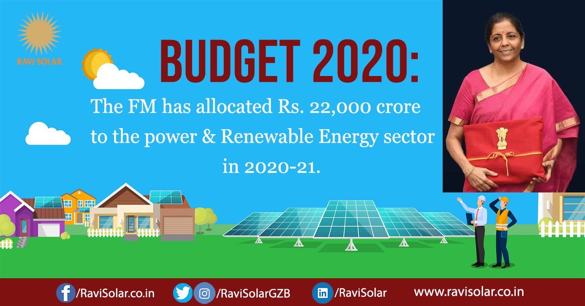 RaviSolarGZB's tweet photo. #Budget2020: The FM @nsitharaman has allocated ₹22,000 crore to the power &amp; #RenewableEnergy sector in 2020-21 with an aim to improve the financial health of power distribution firms &amp; boost the use of #SolarPower in India.
#GoSolar🌞with➡️https://t.co/YbocQihbr0 #RaviSolar https://t.co/47Ti9Bpg8H