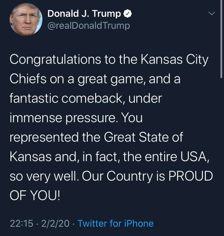 Trump's deleted tweet where he congratulates the Kansas City Chiefs and the state of Kansas (the Chiefs are from Kansas City MO, not KS)