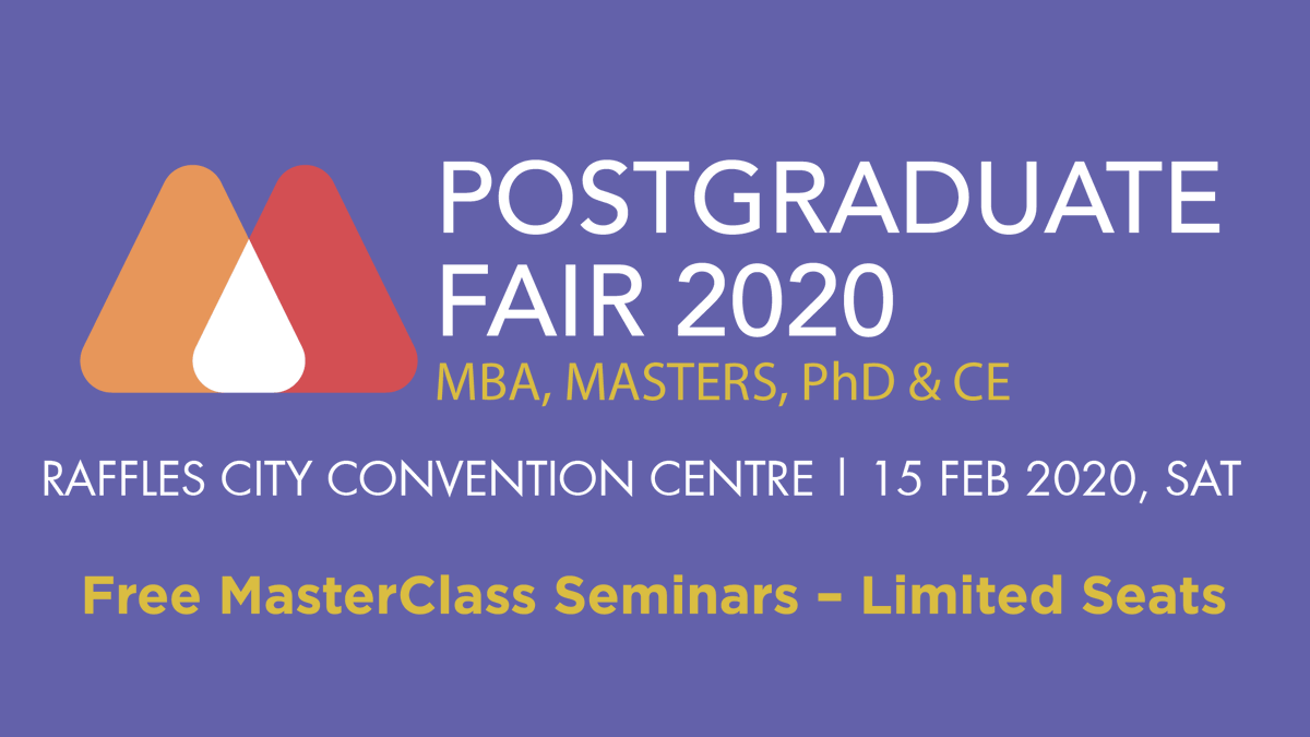 TMCacademy's tweet photo. Join us for the #Postgraduate #Masterclass #Fair 2020 on 15th Feb at Raffles City Convention Centre. Speak with our course consultants and lecturers to get better #insights into our postgrad #courses. Register now at https://t.co/BLrdZihBMK! https://t.co/NkcpZxjp8G