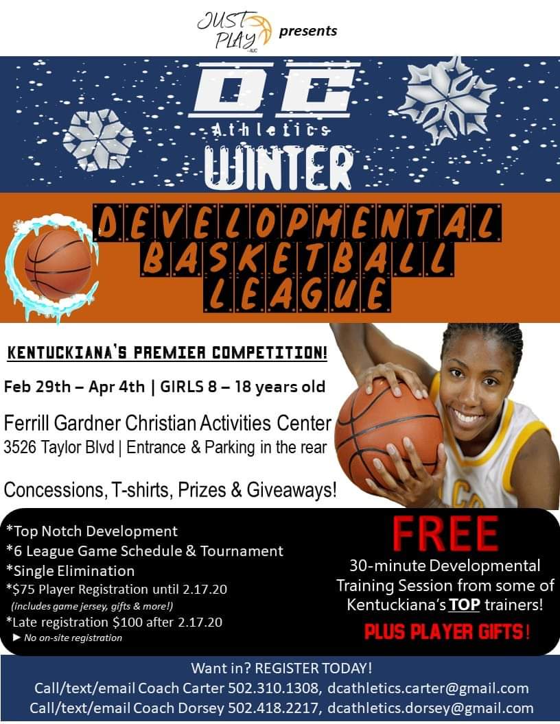Developmental league with extensive training with Dr. Dish shooting machine, @FOCUS_Bball with Tim Barnett, and Briahanna Jackson former UofL player. Want your child developed and equipped to play at a higher level, get her registered!🏀🏀🏀