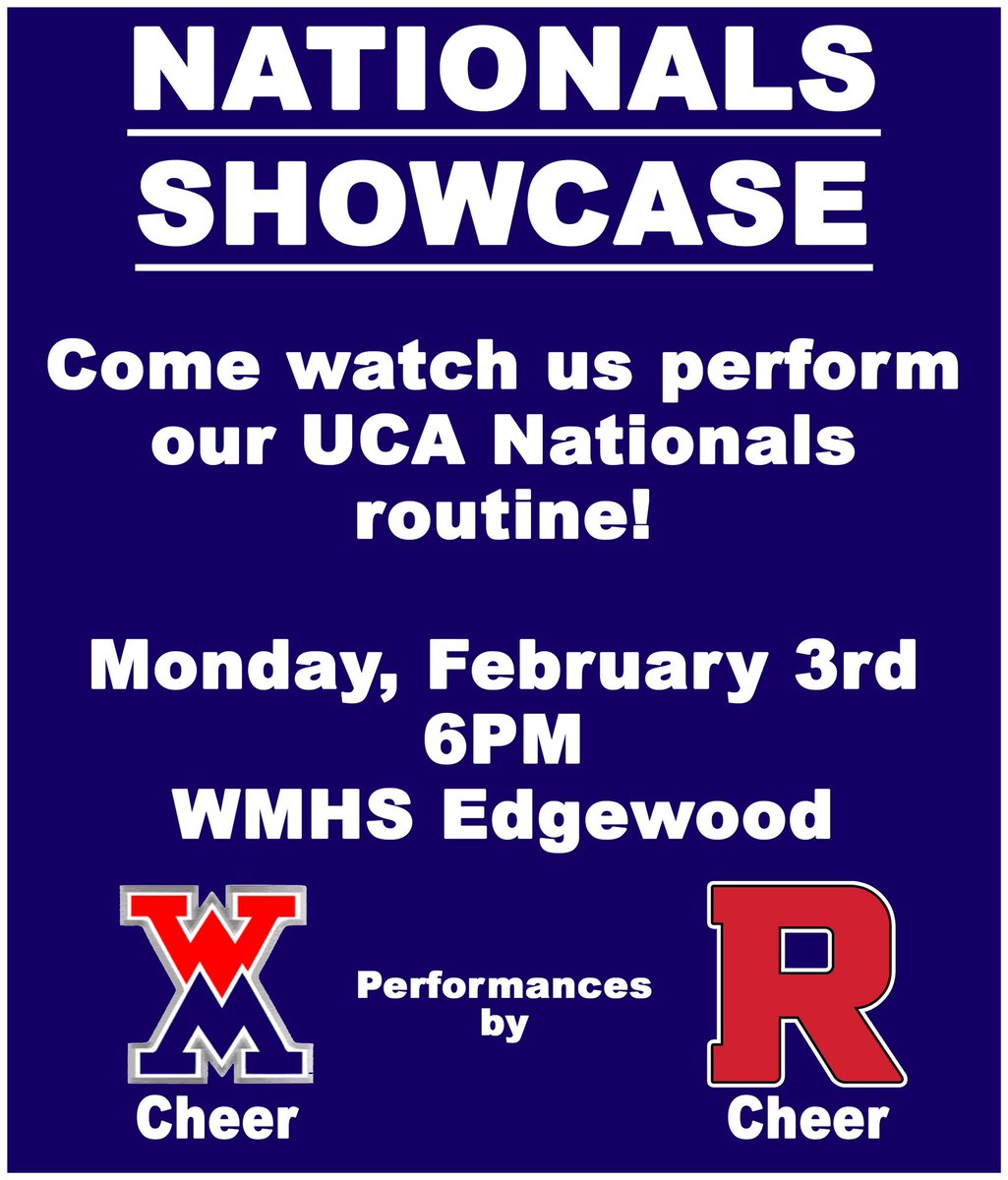 wmhscheerleader's tweet photo. Come support WMHS Competition Cheer tomorrow as they showcase their 2020 UCA Nationals routine! @RustonHighCheer will be joining us to showcase their routine as well! ❤️💙❤️🖤 https://t.co/pdiMzX5z1s