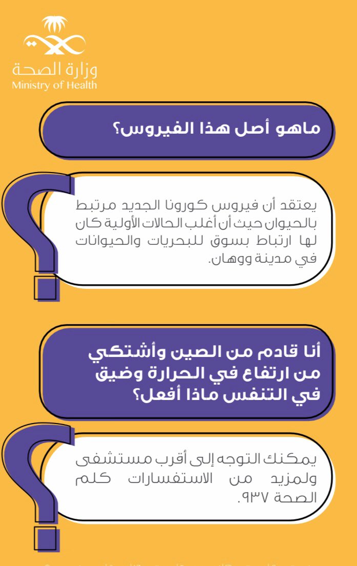 ماهو اصل هذا الفيروس يعتقد ان فيروس كورونا الجديد مرتبط بالحيوان حيث اغلب الحالات الاولية كان لها ارتباط بسوق للبحريات والحيوانات في مدينة ووهان   انا قادم من الصين واشتكي من ارتفاع في الحرارة وضيق في التنفس ماذا افعل يمكنك التوجه الى اقرب مستشفى والمزيد من الاستفسارات كلم الصحة 937