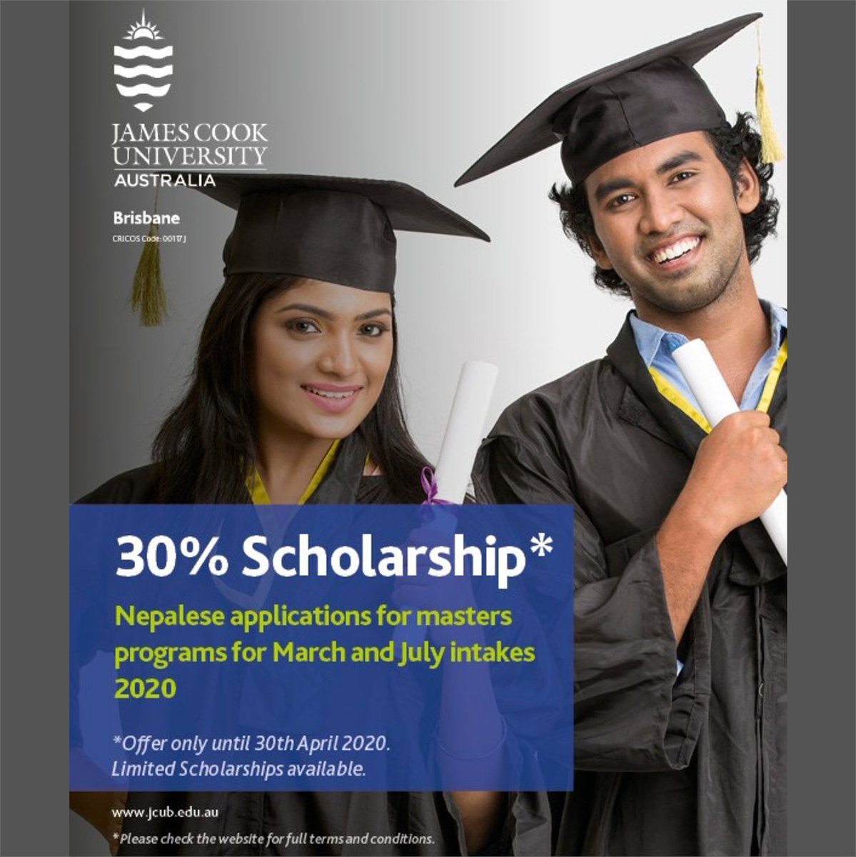 pathwaystouni's tweet photo. 30% Scholarship for March and July 2020 intake for James Cook University Brisbane. Apply today!
#GlobalStudyPartners #GSP #StudyinAustralia #JamesCookUniversity #Nepal #AustralianUniversities #International #University #HigherEducation #InternationalStudents #Employability https://t.co/P6C4toAaf0