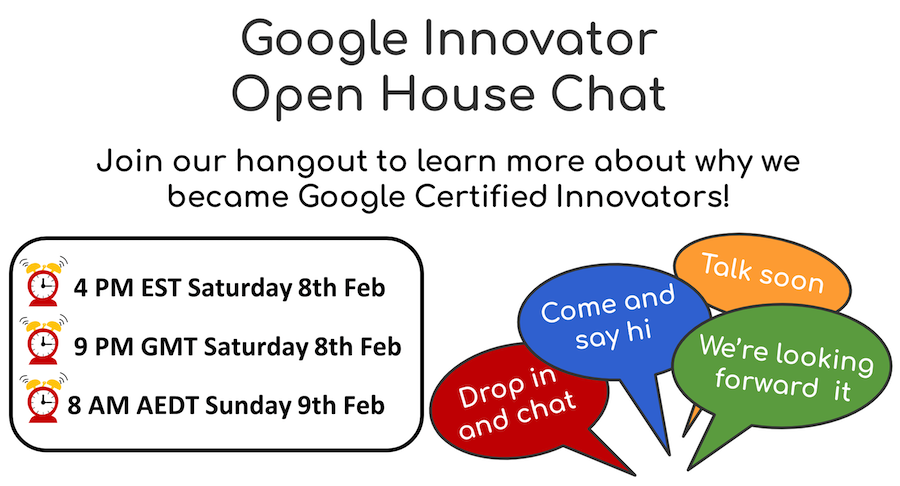 LesleighAltmann's tweet photo. 💭Thinking about applying for Google Innovator Program 2020?
💭Wondering why we love being Innovators? 

💡Innovators and interested educators are welcome to join the Hangout

👉DM me with your email to get your invite 
👉Retweet pls

#GoogleEI #SYD19 #LismDigiTech https://t.co/QQeBKuOEdR