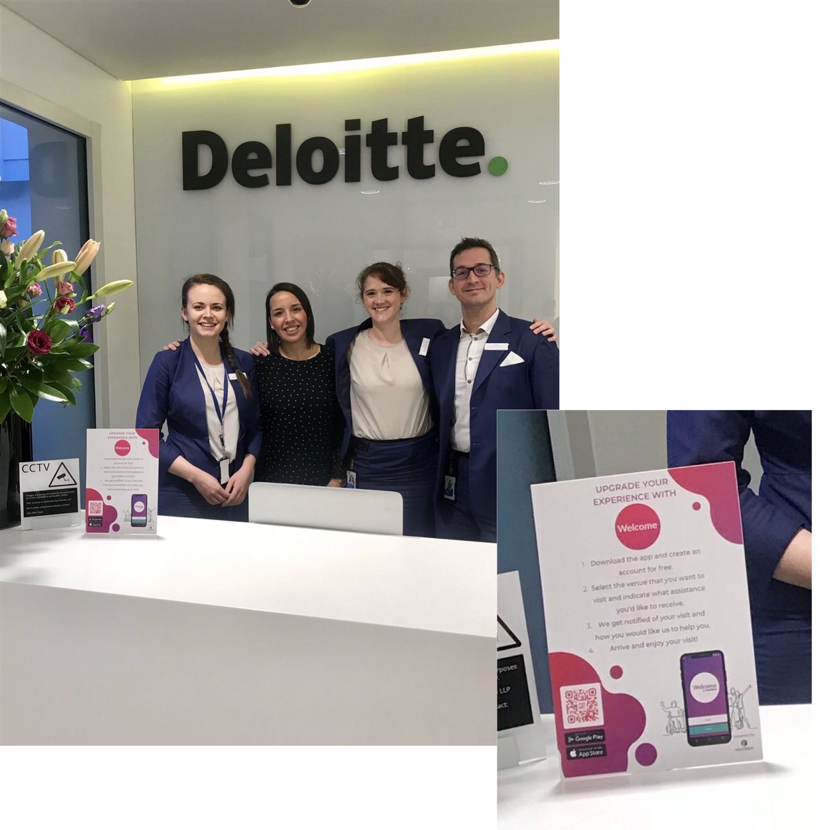 A super friendly picture of the Deloitte team and Caro behind the reception desk at Deloitte Edinburgh. There are flowers in the left of the picture and the massive Deloitte logo on the wall behind. On the reception desk is the Neatebox Welcome info card which has been enlarged and is also on the right of the picture.