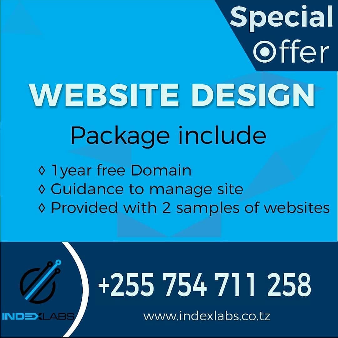 SPECIAL OFFER! Get a Website for your business at an Affordable Price!
_
Je, unahitaji website kwa ajili ya shughuli yako? Iwe za ki elimu, kilimo, sanaa, uchumi au ujasiriamali. Tunatoa huduma hii kwa bei nafuu. Piga sasa +255 754 711 258 au nenda indexlabs.co.tz