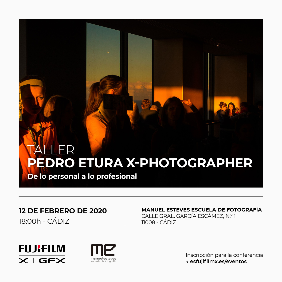Conferencia del #XPhotographer <a href="/pedroetura/">pedro etura</a> "De lo personal a lo profesional"

🗓12 de febrero 
📍Manuel Esteves Escuela de Fotografía, Cádiz

🕐Programa
18h 19h - Prueba de producto #SerieX y Sistema #GFX
19h 20h - Conferencia 

👉Apúntate en bit.ly/3b8EId9

#esFujifilmX