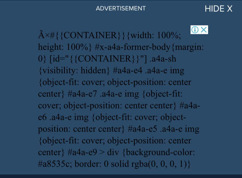 Advertisement block showing CSS code instead of an actual ad