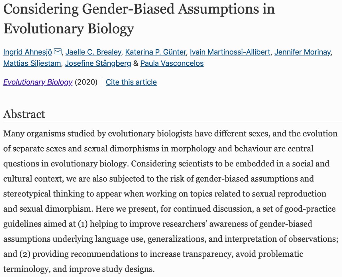 Ahnesjö et al. just published "Considering Gender-Biased Assumptions in Evolutionary Biology", including a set of guidelines! Give it a read! 

Link: link.springer.com/article/10.100…
#SystBioPaper #Gender #science