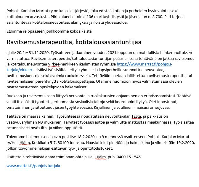 Haemme joukkoomme kokoaikaista Ravitsemusterapeuttia, Kotitalousasiantuntijaa. #paikkaauki #pkmartat #martat #ravitsemusterapeutti #kotitalousasiantuntija