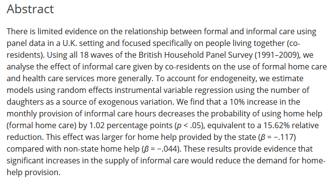We find that a 10% increase in the monthly provision of informal care hours decreases the probability of using home help (formal home care) by 1.02 percentage points (p < .05), equivalent to a 15.62% relative reduction. This effect was larger for home help provided by the state (β = −.117) compared with non‐state home help (β = −.044). 