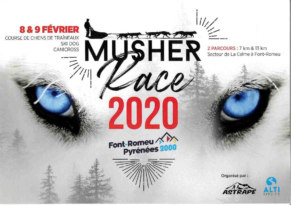 PROGRAMME MUSHER RACE 2020
Sur le secteur de la Calme.
Evénement Gratuit, Ouvert à tous
Le 8/02
14h Premier départ Skidog 
Canicross 7km en ligne.
📌Le 9/02
8h Musher Meeting
9h Deuxième départ Skidog 
Canicross 7km en ligne
12h00 Fin de course et remise des prix