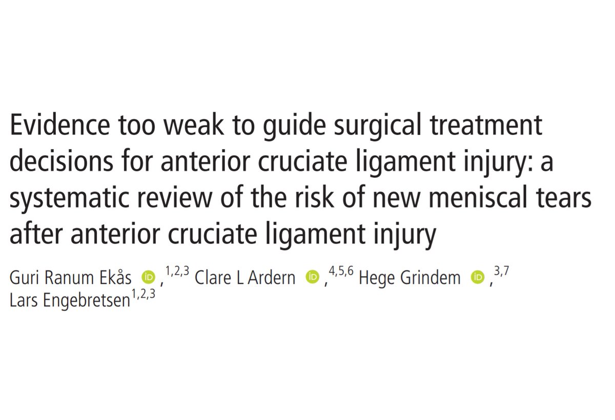 HegeGrindem's tweet photo. Save the meniscus after ACL injury - but, wait, what's the actual risk? After 3y work/2411 papers screened, the answer is🤷‍♀️

Important and thorough review by Guri Ekås - highlighting problems in the evidence base and providing guidance for the future

https://t.co/Q5wjOFsnGp https://t.co/g4A6GQJJbV