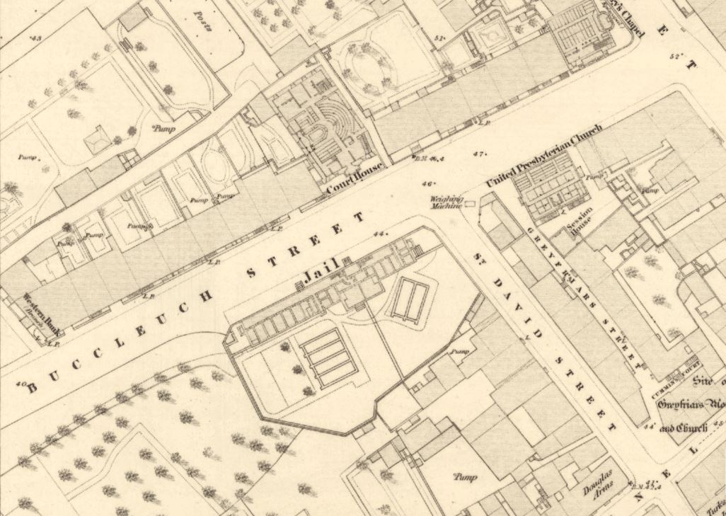 detail showing Dumfries jail and courthouse, from the Ordnance Survey Town Plan of Dumfries, 1850.