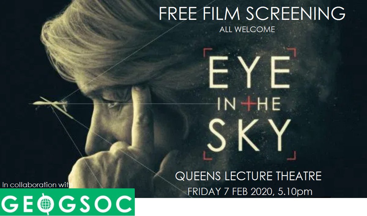📽️Free film screening📽️
This Friday (7 Feb) myself and <a href="/RHULGeogSoc/">RHUL GeogSoc</a> are hosting a free screening of drone-drama 'Eye in the Sky' - 5.10pm in Queens Lecture Theatre. All <a href="/RHULGeography/">RHULGeography</a> most welcome! Trailer at: youtube.com/watch?v=hOqeoj…