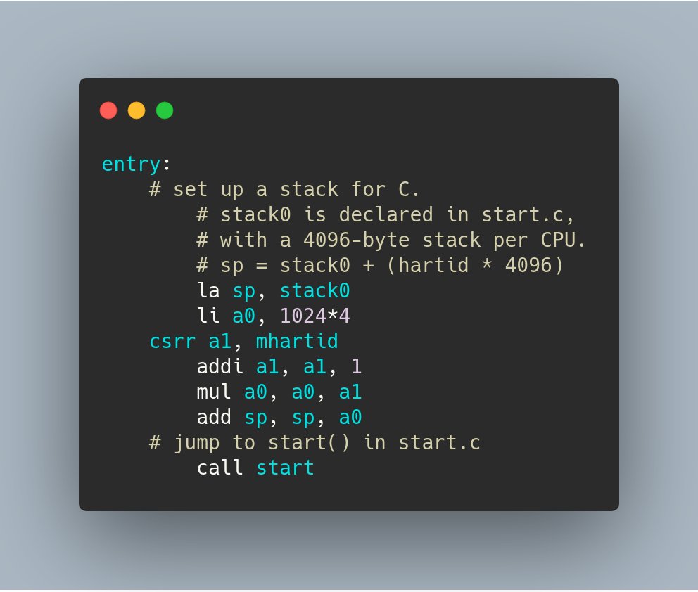 entry:
	# set up a stack for C.
        # stack0 is declared in start.c,
        # with a 4096-byte stack per CPU.
        # sp = stack0 + (hartid * 4096)
        la sp, stack0
        li a0, 1024*4
	csrr a1, mhartid
        addi a1, a1, 1
        mul a0, a0, a1
        add sp, sp, a0
	# jump to start() in start.c
        call start