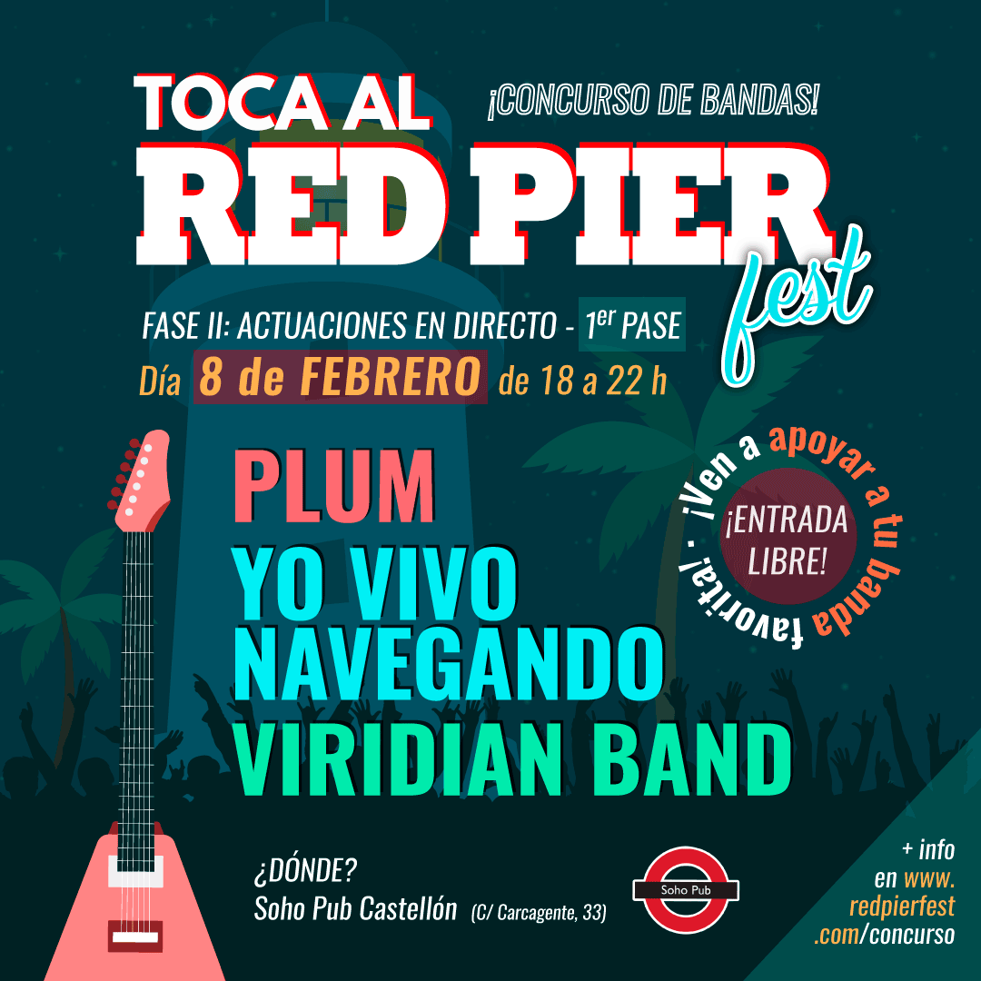 Este sábado te esperamos en el SOHO Pub Castellón para disfrutar del primer días de audiciones del Concurso #TocaAlRedPierFest

Tendremos con nosotros a @plum_musica @yovivonaviegando y <a href="/viridian/">Sloppy Boss Lady Wizard 🐀</a> band ¡Será una tarde de buena música! 🎶😎