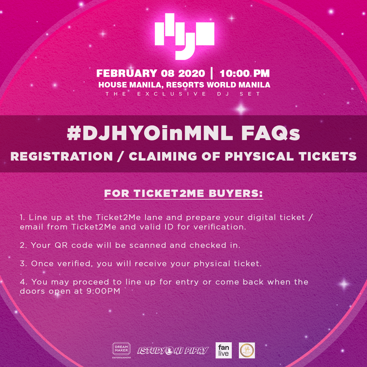 custommood's tweet photo. SONEs! Here is the guideline/schedule for registration and claiming of your physical tickets!
See you all on Feb 8! 

#DJHYOinMNL is presented to you by Dream Maker Entertainment Limited, FanLive and 
@istudyonipipay_
 Official Venue Partner, 
@HouseManilaPH
 
#FanLiveExperience https://t.co/fTFFmH3fJh