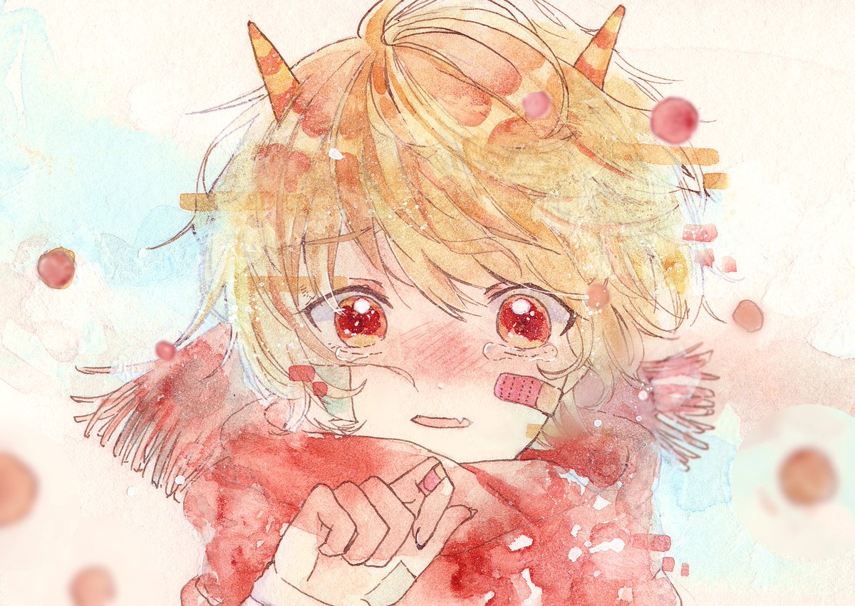 1boy male focus blonde hair scarf bandaid red eyes red scarf  illustration images