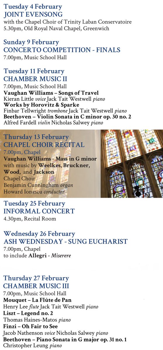 Many thanks to <a href="/bhgcunningham/">Ben Cunningham</a> with <a href="/SansaraChoir/">SANSARA</a> @JamesTenorGilch &amp; Jonathan Brown for a stellar #StJohnPassion on Saturday. Here’s what’s coming up for the rest of February in the music department. Hope you can join us...