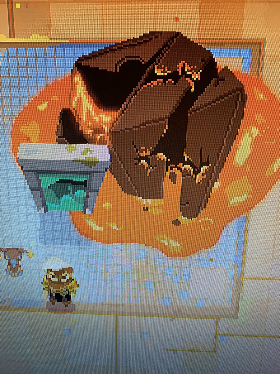 Pixel game called moonlighter, there is a small male, white haired sprite in the bottom left hand corner wearing armour. Middle of the screen is a teleportation arch made of stone. Beside the teleport arch is the busted remains of a triangular looking golem with lava spewing everywhere. Desert dungeon final boss completed.