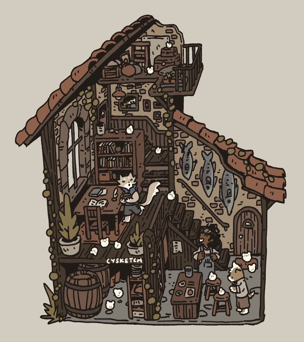 Cut away shot of a house interior with some animal friends and the house’s owner