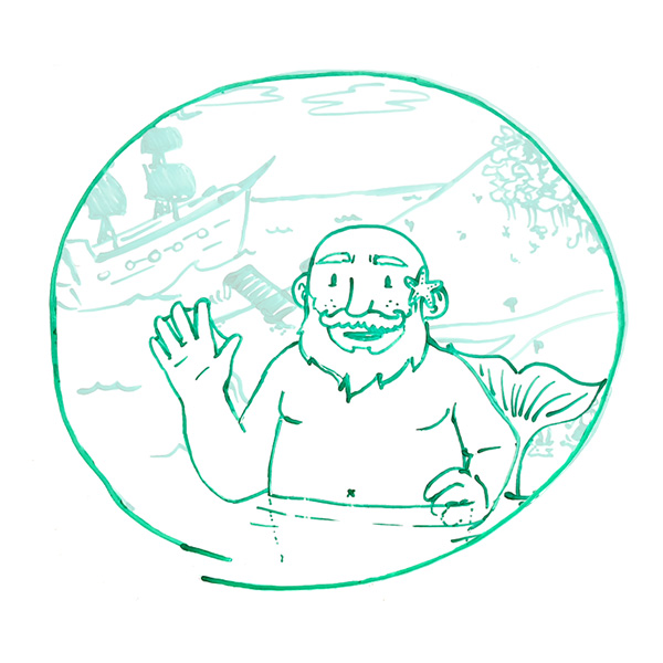 A Mer-Dad, or Dad Mermaid, smiling and waving at you from the water. He is bald, has a curled moustache and beard, and wears a starfish behind his ear like a flower. In the distance sits a pirate ship.
