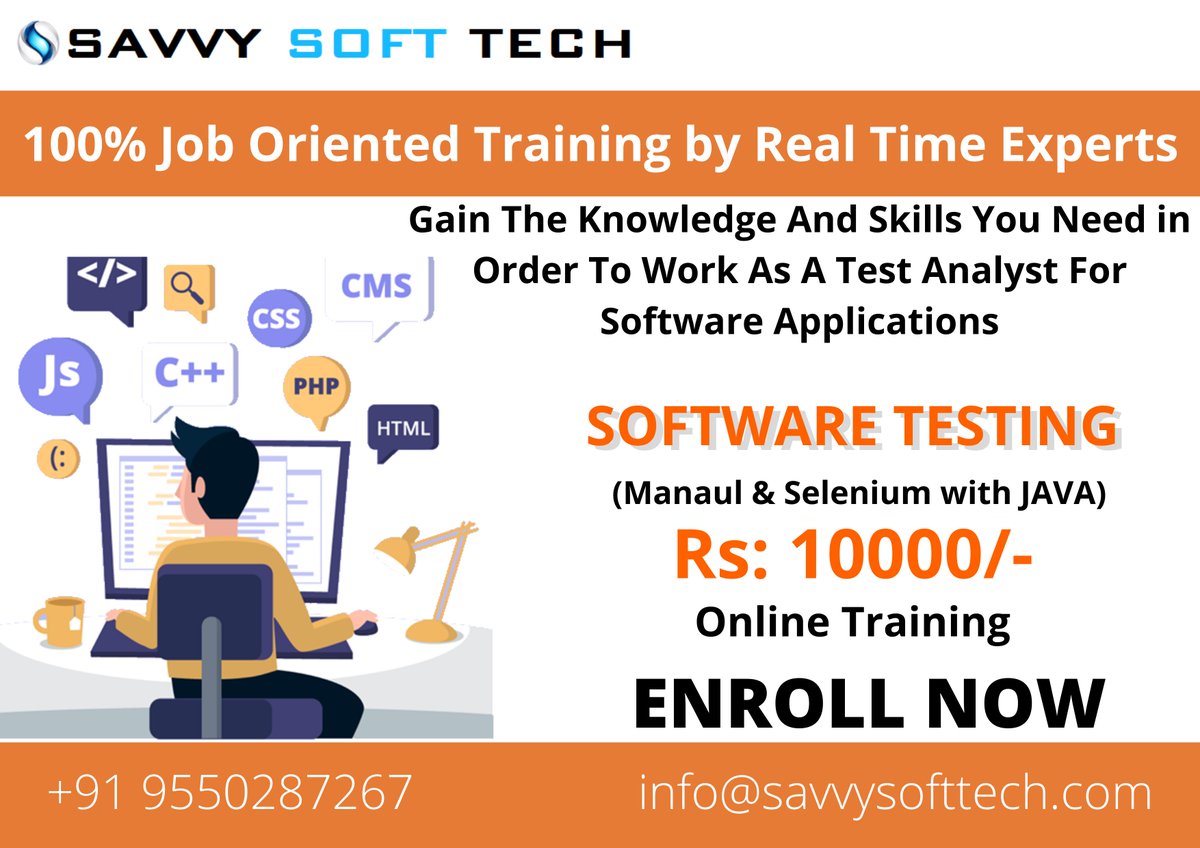 soft_savvy's tweet image. #SavvySoftTech starting New Online Batch of Software Testing Manual &amp;amp; Selenium with JAVA , Learn from the industry best Trainers for more details reach us at +91 9550287267.
For Registration: forms.gle/x9gAtr3TtN9i4E…
For Demo: bit.ly/36Nwbch

#softwaretesting #testing