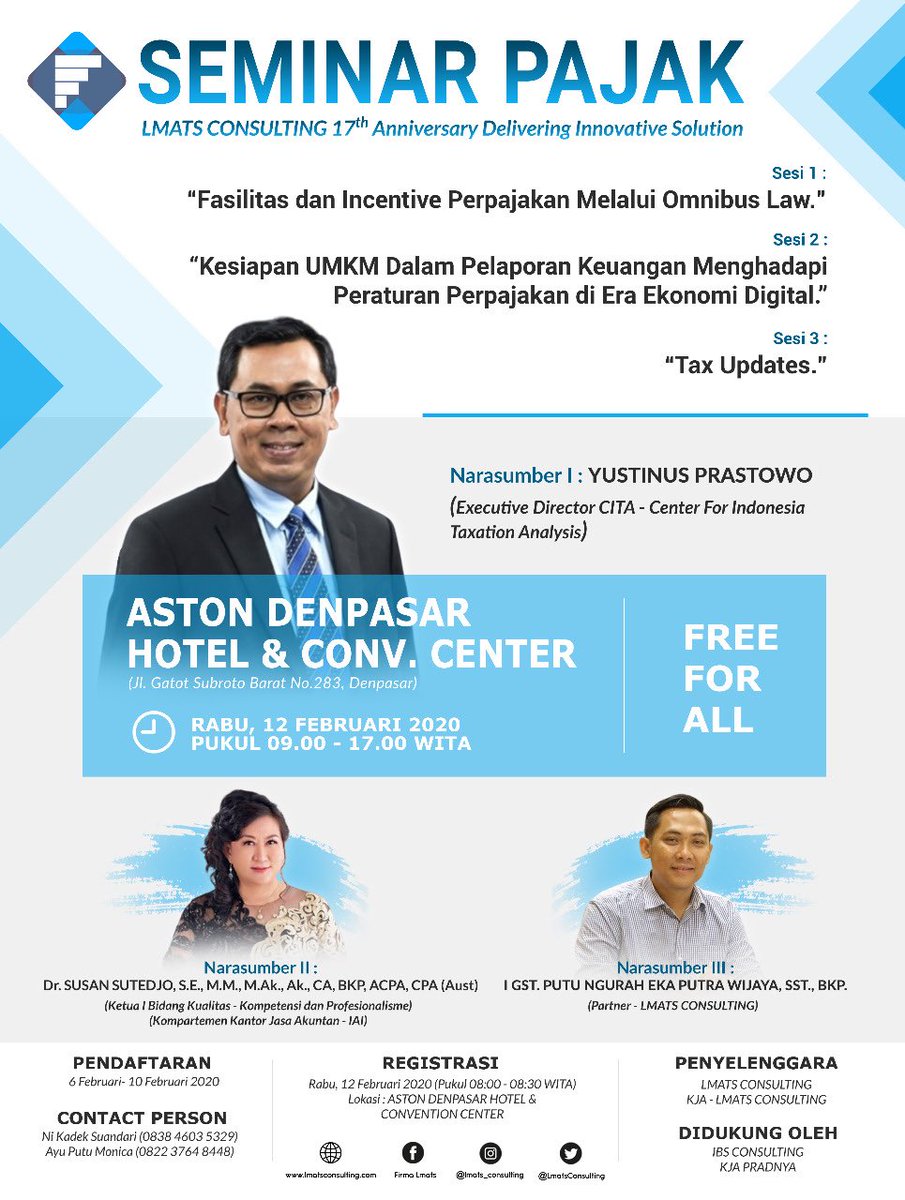 Teman2 di Bali yang tertarik ikut seminar Omnibus Law Perpajakan silakan daftar, free. Acara diselenggarakan LMATS Consulting. Sampai jumpa minggu depan.
